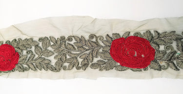 Grey Net Fabric Lace Trim with Floral Embroidery, Lace Trim, Sari Border